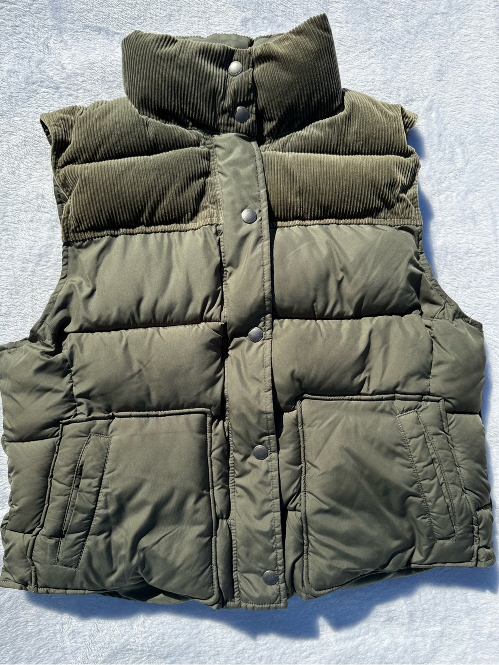 American Eagle Olive Green Puffer Vest With Corduroy Size Large